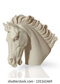 marble sculpture of a horse's head is on the floor, clipping path