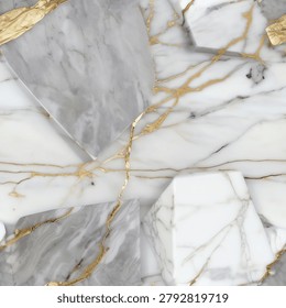 Marble seamless pattern in 3D render with gold veins and gray blocks. Ideal for luxury packaging, wallpaper, and cosmeti.
