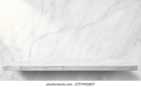 Marble slab backdrop with a ledge and soft daylight, a full-frame product display background with copy space.