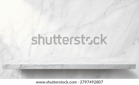Marble slab backdrop with a ledge and soft daylight, a full-frame product display background with copy space.