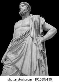 Marble Statue Of Greek God Zeus Isolated On Black Background. Antique Sculpture Of Man With Beard.