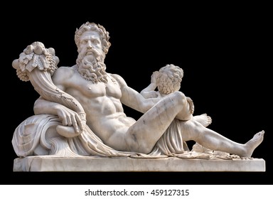 Marble Statue Of Greek God Zeus With Cornucopia In His Hands Isolated On Black Background