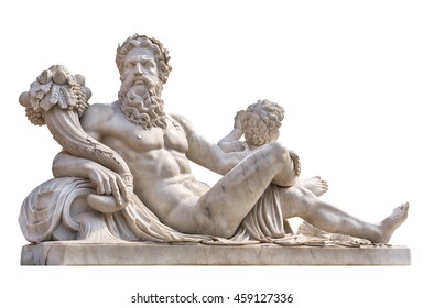 Marble Statue Of Greek God Zeus With Cornucopia In His Hands Isolated On White Background