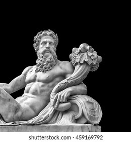 Marble Statue Of Greek God Zeus With Cornucopia In His Hands Isolated On Black Background With Place For Your Text