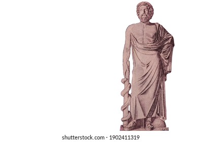 Marble statue of Greek Roman god Asklepios (Asclepius). Portrait from Greek Banknotes. the god of medicine and healing in ancient Greek mythology. 