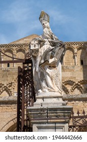 Marble Statue Outside Of The Cathedral Of Cefalù, Sicily, Italy, Roman Catholic Basilica