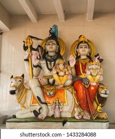 Marble Statues Of Hindu God Shiv Parvati Ganesh At Temple In Dwarka Gujrat