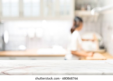 Marble Stone Countertop On Blur Kitchen Interior Background - Can Be Used For Display Your Products Or Food