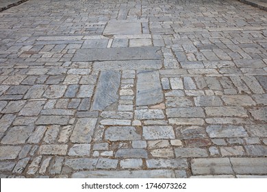 Marble Stone Paved Street, Texture Background, High Angle View. Athens, Greece. Cobblestone Pathway To Acropolis, Athens Greece, Perspective View