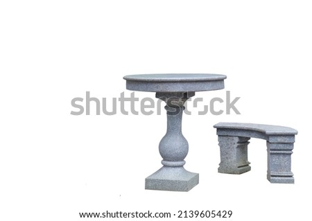 Marble table and benches isolated on white background. Furniture for parks and city gardens. Free space for text.