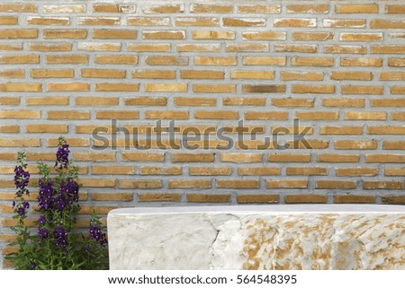 The marble table on a background of a stone wall