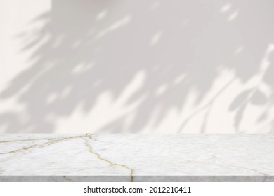 Marble Table With Tree Shadow Drop On White Wall Background For Mockup Product Display