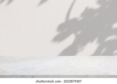 Marble Table With Tree Shadow Drop On White Wall Background For Mockup Product Display