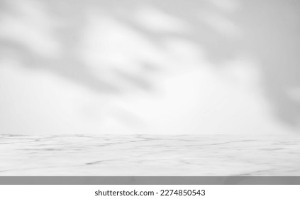 Marble table with tree shadow drop on white wall background for mockup product display - Shutterstock ID 2274850543
