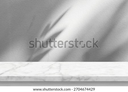 Marble table with tree shadow drop on white wall background for mockup product display