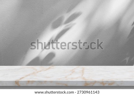 Marble table with tree shadow drop on white wall background for mockup product display