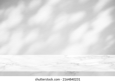 Marble Table with White Stucco Wall Texture Background with Light Beam, Bokeh and Shadow, Suitable for Product Presentation Backdrop, Display, and Mock up. - Shutterstock ID 2164840231