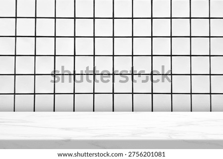 Marble Table with White Tiles Wall Background.
