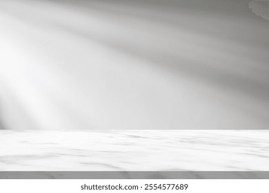 Marble table with window shadow drop on white wall background for mockup product display