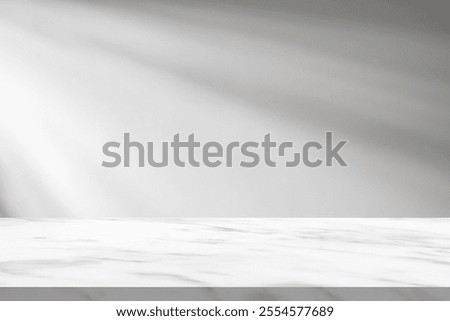 Marble table with window shadow drop on white wall background for mockup product display