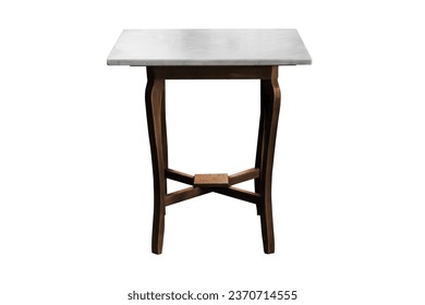 Marble table with wooden legs simplistic on white background, work with path.