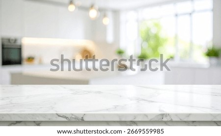 marble top table with blurry background open space kitchen set background