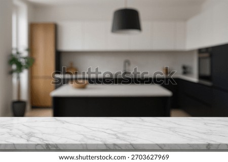 marble top table with blurry background kitchen open space modern
