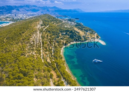 Marble view of Marjan hill and Split city coastline in Croatia, Dalmatia region.
