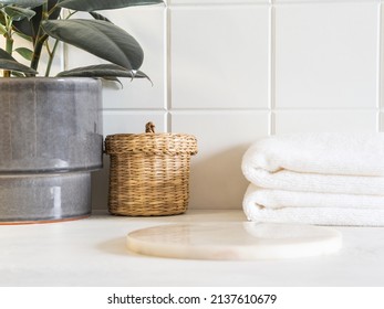 Marble white round podium for bathing products in bathroom, spa shampoo, shower gel, liquid soap. Place, background for cosmetics. Front view. Copy space - Shutterstock ID 2137610679