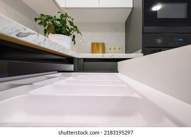 Marble Worktop Of Modern White And Dark Grey Kitchen