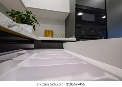 Marble Worktop Of Modern White And Dark Grey Kitchen