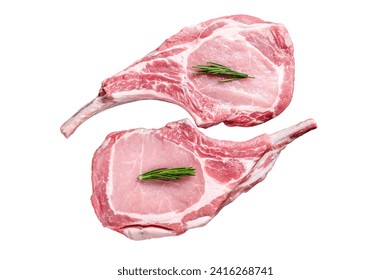 Marbled raw pork chops meat steak or tomahawk. Isolated on white background, Top view - Powered by Shutterstock