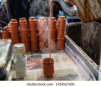March 04,2019. Kolkata, India. Terracotta Tea cups made of mud or sand called kulhad/kullhad used to serve authentic indian drinks. Selective Focus is used. Foreground is D Focused.
