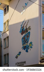 March 07, 2020 Stuttgart, Germany - Modernism Style Mosaic Composition On The Wall, Central Stuttgart. XX Century Style Building Decoroated With Colorful Mosaic.