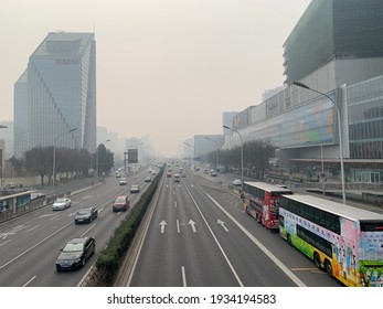 March 10, 2021, Beijing, China, The Skyscrapers Of The China World Trade Center CBD Are Under A Haze Of Fog.