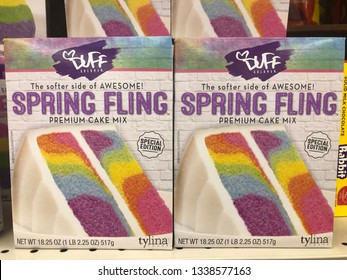 March 13, 2019: Minneapolis, MN: Grocery Store Shelf With Duff Brand Spring Fling Colorful Cake Mix. This Cake Mix Is A Seasonal Food Product For Easter And Spring