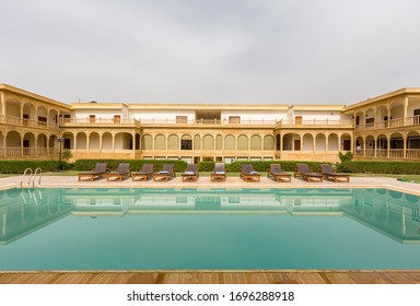 March 14, 2017: Traditional arches and Swimming pool at the Club Mahindra resort in the desert town of Jaisalmer in India
