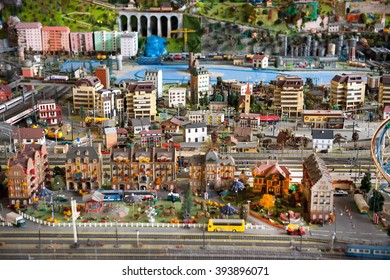 March 15, 2016 - Milan, Lombardy, Italy : Extravagant Toy Electric Model Railroad With City Building, Houses, Scenery And Other Miniatures