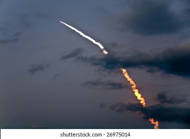 March 15th 2009 launch of Discovery shuttle mission STS-119 captured at booster separation - Powered by Shutterstock