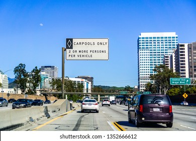 March 16, 2019 Pasadena / CA / USA - Driving Through Downtown Pasadena On The Carpool Lane 