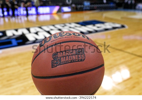 March 17, 2016 - Spokane, WA:  A game ball with\
the NCAA tournament logo in the background, one day prior to the\
start of the 2016 NCAA Men\'s Basketball Tournament games at the\
Spokane Arena.