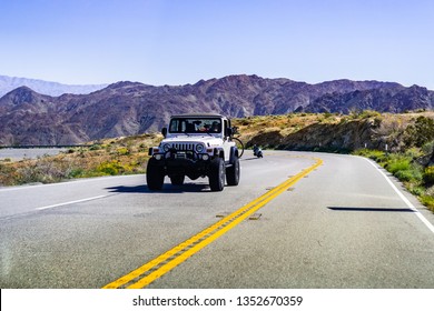 March 17, 2019 Coachella Valley / CA / USA - Jeep Vehicle Travelling On A Highway In South California