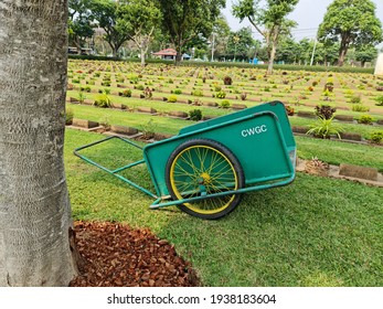 March 17,2022 Ratchaburi Thailand Leaf Garbage Cart In The Commonwealth War Graves Commission. 
