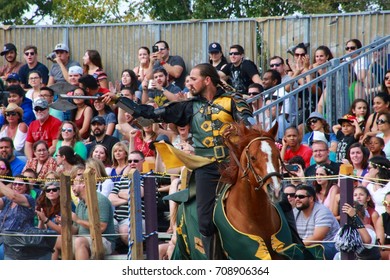 MARCH 18 2017 - RENAISSANCE FESTIVAL - DEERFIELD BEACH, FL  A Male Warrior Proclaims His Wish To Go Into Battle By Pointing His Sword Out In Front Of Spectators.