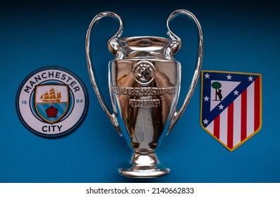 March 18, 2022 Saint Denis, France. The emblems of the football clubs of the quarter-finals of the UEFA Champions League Atletico Madrid and Manchester City F.C.