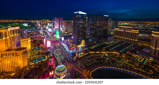 MARCH 2, 2019 - Las Vegas, Nevada, USA - Panoramic View Of Las Vegas Nevada At Night With Neon From Paris Eifel Tower View Spot