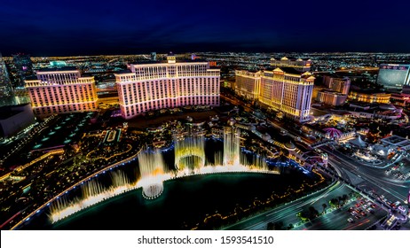 MARCH 2, 2019 - Las Vegas, Nevada, USA - Panoramic View Of Las Vegas Nevada At Night With Neon From Paris Eifel Tower View Spot