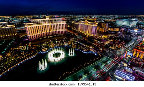 MARCH 2, 2019 - Las Vegas, Nevada, USA - Panoramic View Of Las Vegas Nevada At Night With Neon From Paris Eifel Tower View Spot