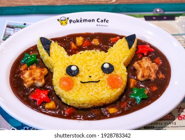 March 2, 2021 - Tokyo, Japan - Fake Plastic Food On A Table At The Pokémon Café, That Looks Like Curry. It Is Placed On Tables That Are Not In Use For Social Distance.