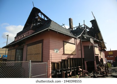 March 20, 2021 Long Beach, California - USA: The Remains Of A Devastating House Fire Destroying A Historic Home In Long Beach California. Editorial Use Only.